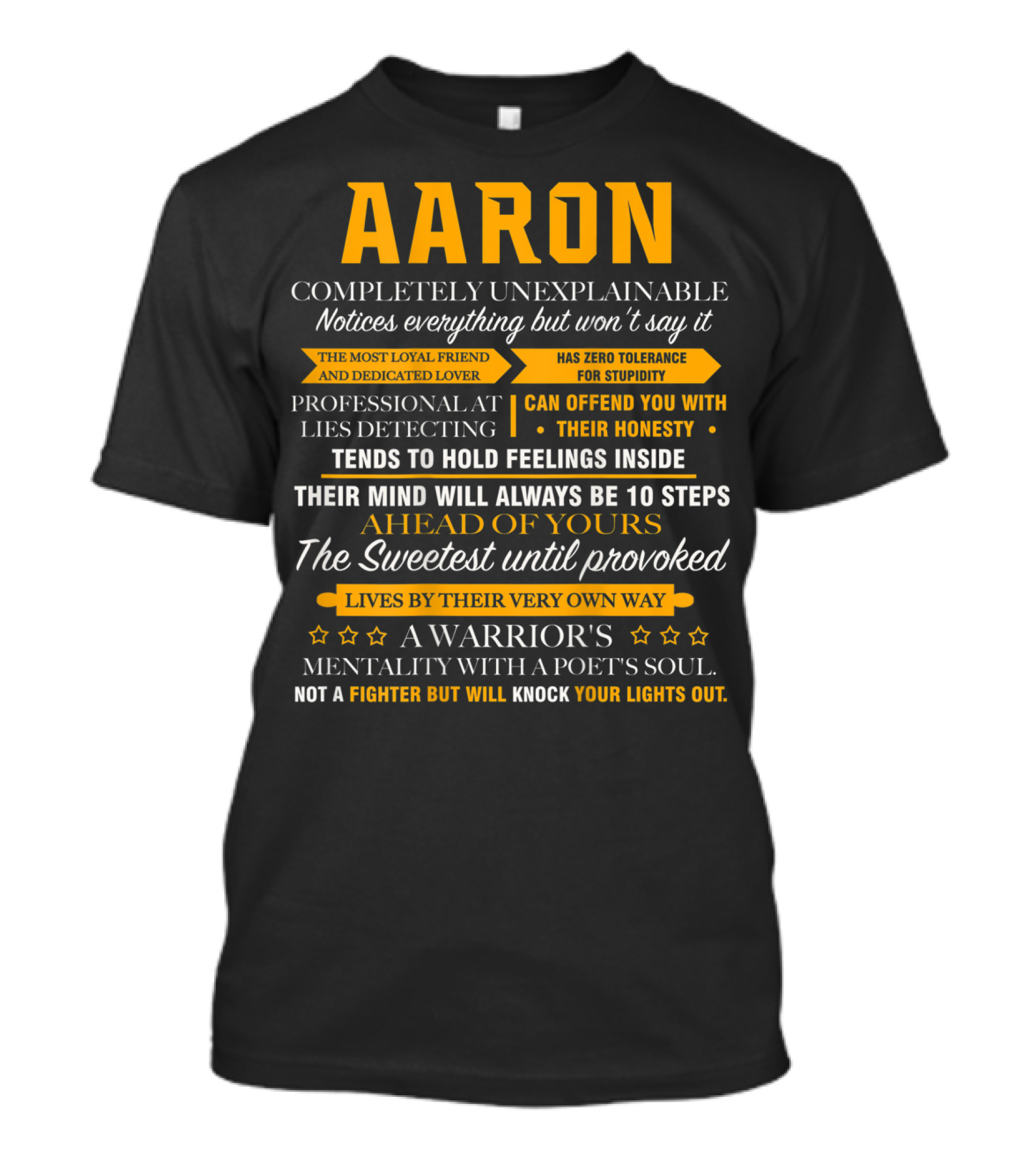 AARON Completely Unexplainable Notices Everything The Most Loyal Friend Has Zero Tolerance Professional Honesty Feelings Inside Steps Ahead Sweetest Warrior Poet Fighter T-Shirt