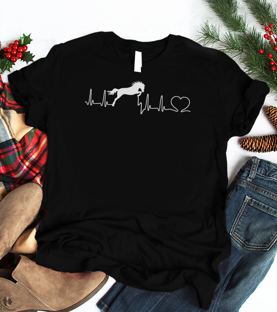 Heartbeat Horse Equestrian Heartbeat With Horse Silhouette And Heart Outline T-Shirt