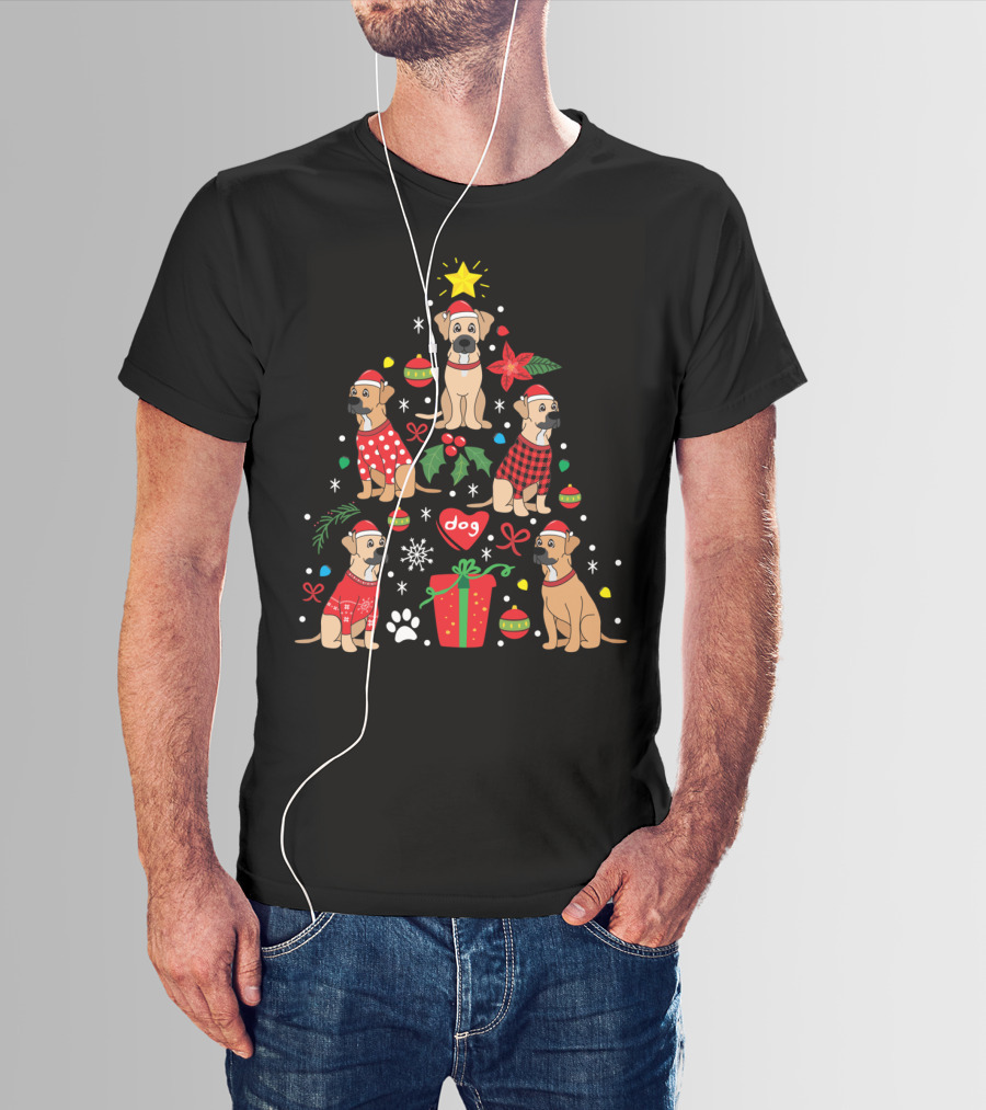 Black Mouth Cur Dog Christmas Tree T-Shirt
