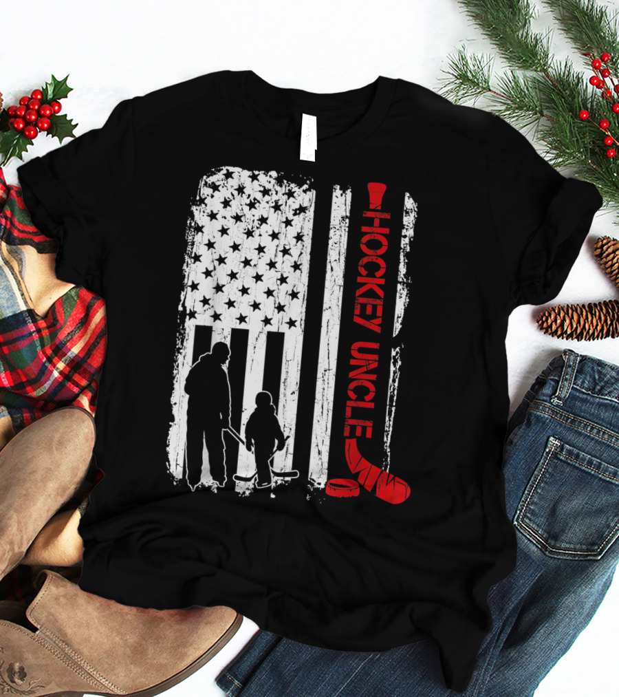 Hockey Uncle American Flag Silhouette With Stick And Player T-Shirt