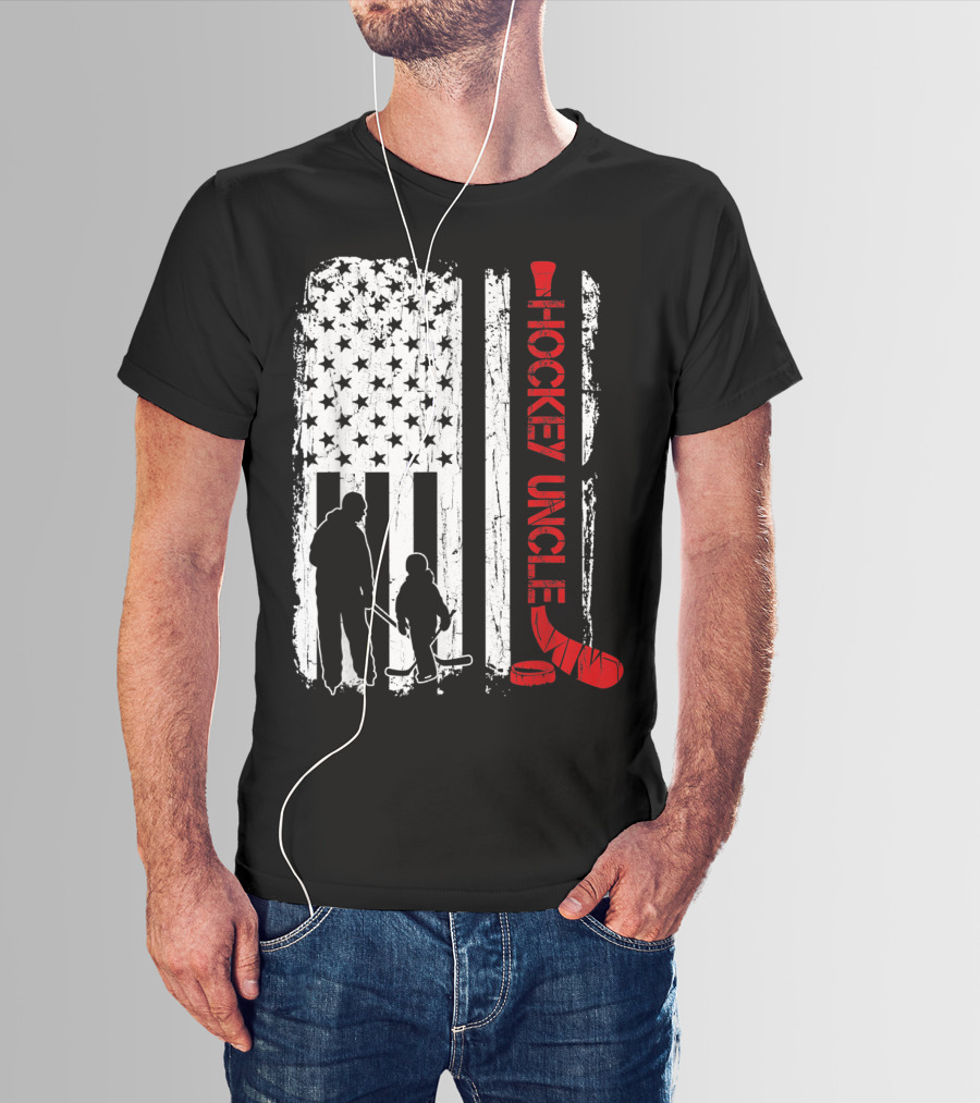 Hockey Uncle American Flag Silhouette With Stick And Player T-Shirt