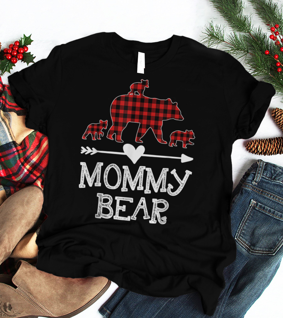 Mommy Bear Red Plaid Three Cubs Heart Arrow T-Shirt