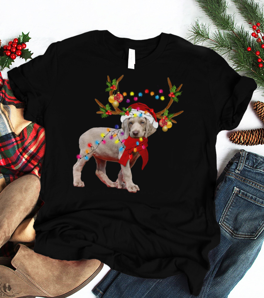 Santa Weimaraner Reindeer Christmas Lights T-Shirt