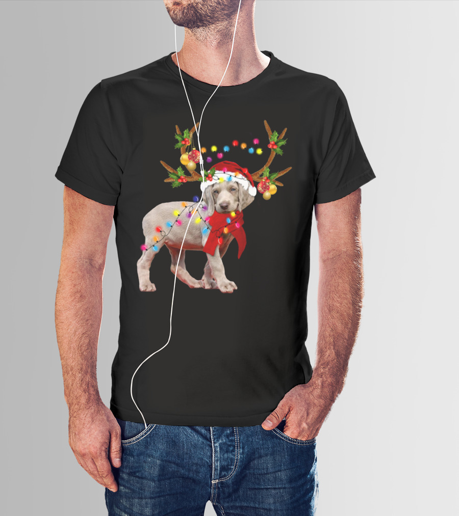 Santa Weimaraner Reindeer Christmas Lights T-Shirt