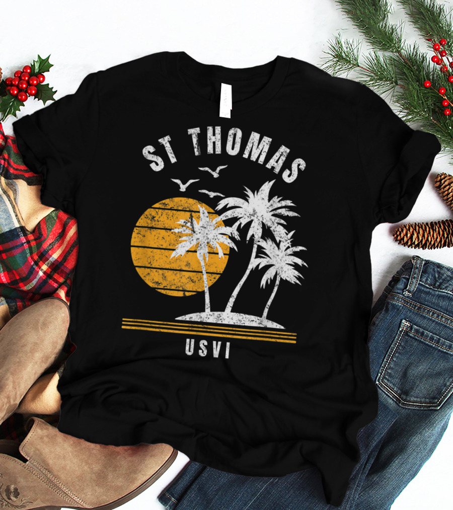 St Thomas USVI Caribbean Sunset With Palm Trees And Birds T-Shirt