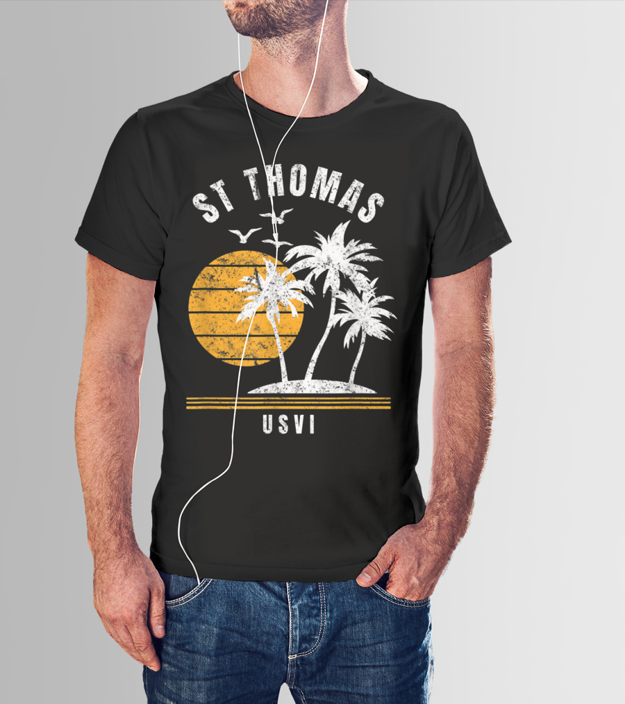 St Thomas USVI Caribbean Sunset With Palm Trees And Birds T-Shirt