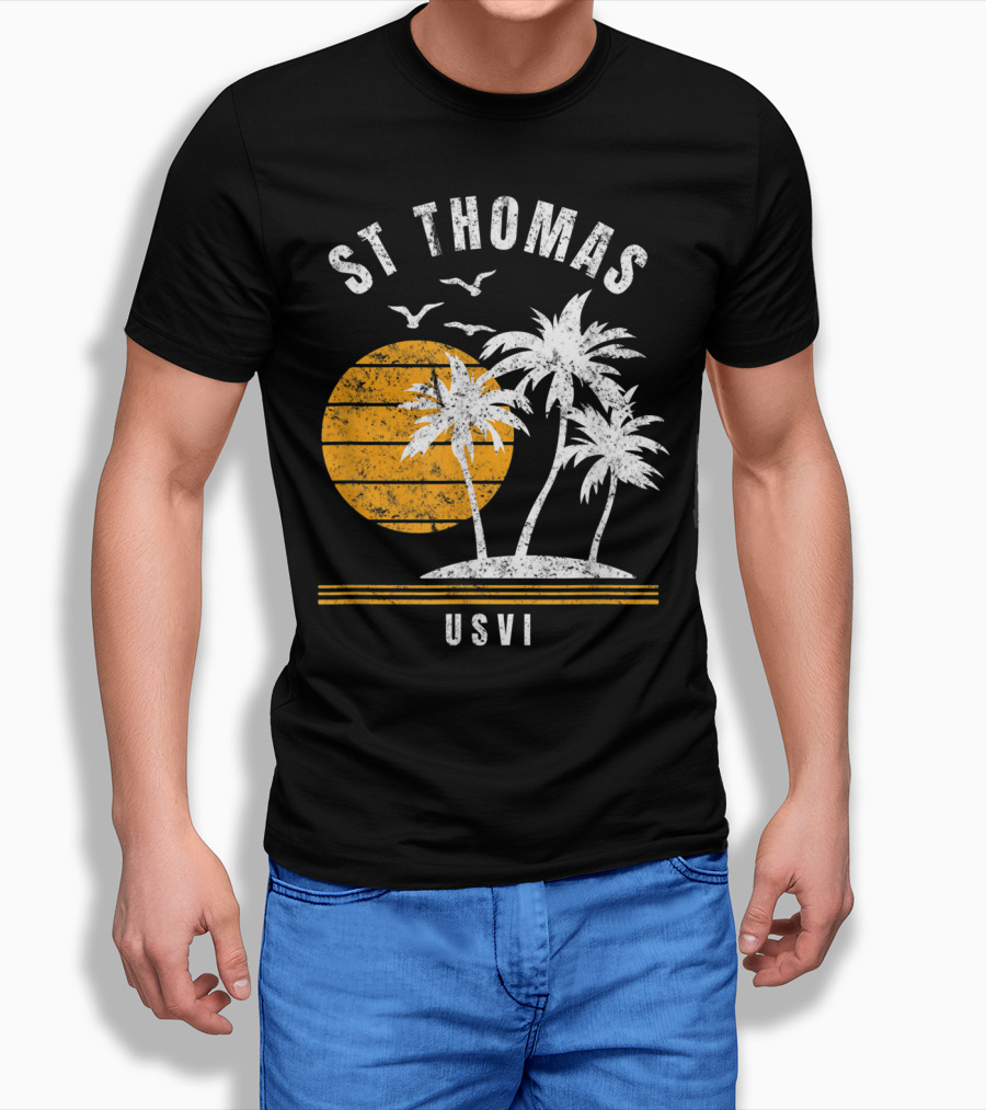 St Thomas USVI Caribbean Sunset With Palm Trees And Birds T-Shirt