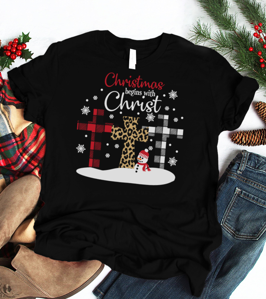 Christmas Begins With Christ Snowman And Patterned Crosses T-Shirt