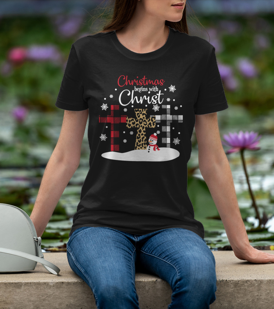 Christmas Begins With Christ Snowman And Patterned Crosses T-Shirt