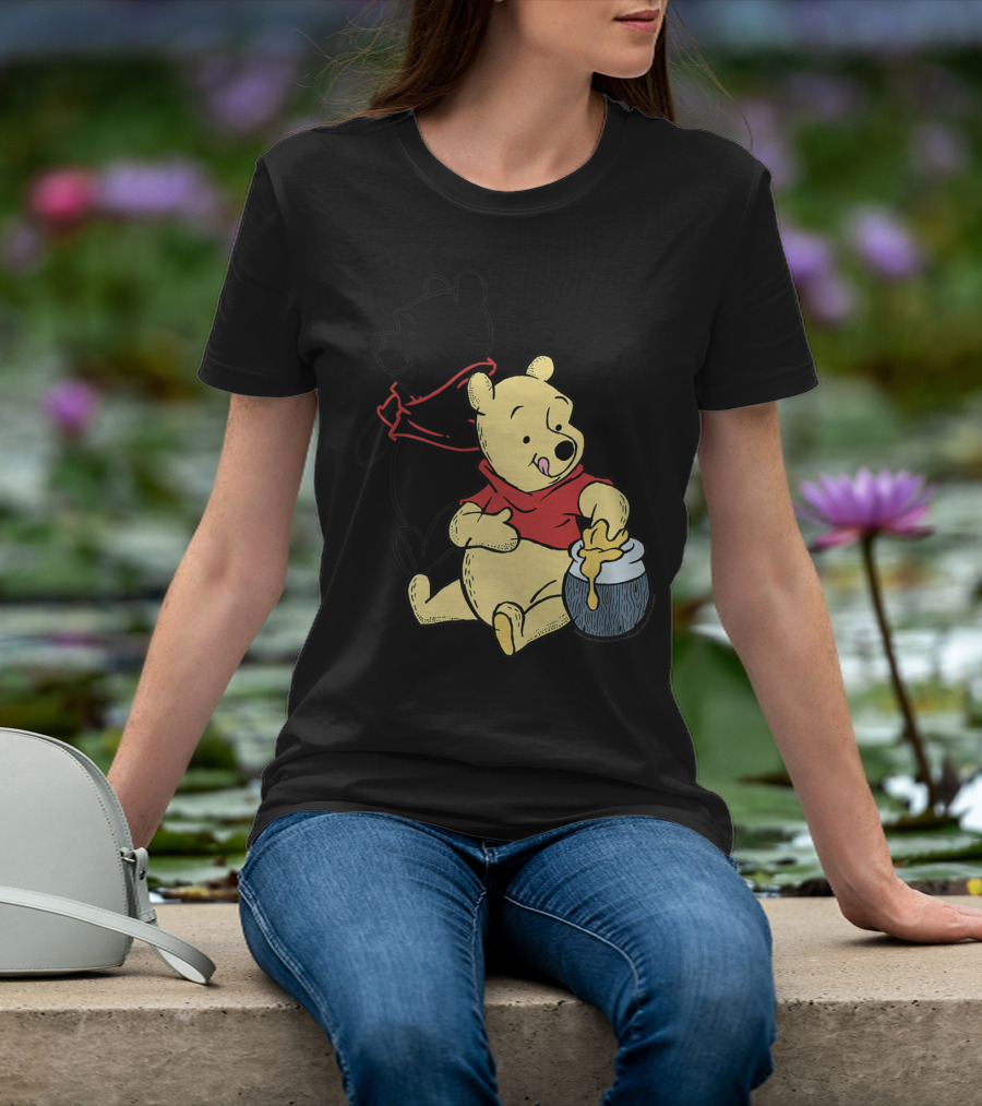 Disney Winnie The Pooh Outline And Colored Character Sitting With Honey Jar T-Shirt