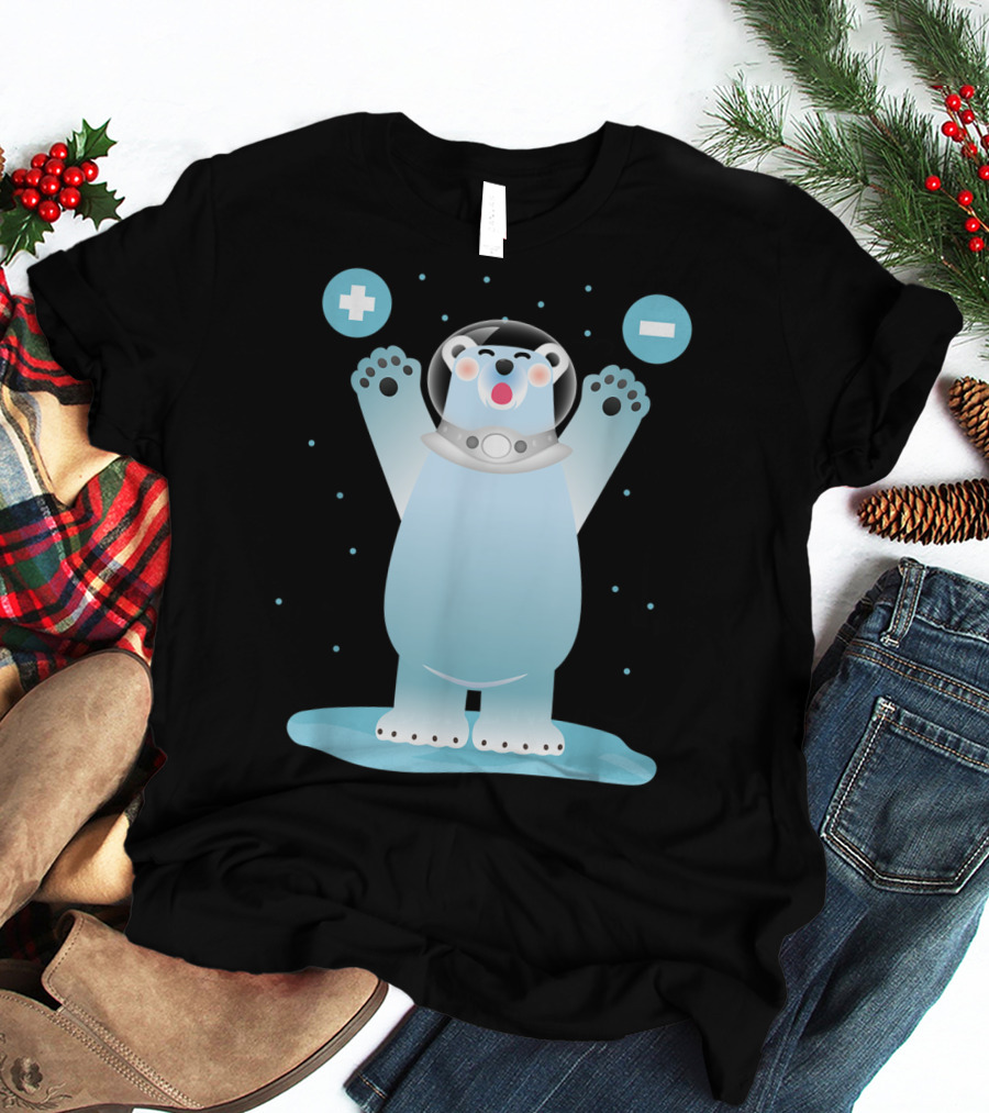 Funny Polar Bear In Space Helmet With Plus And Minus Chemistry Symbols T-Shirt
