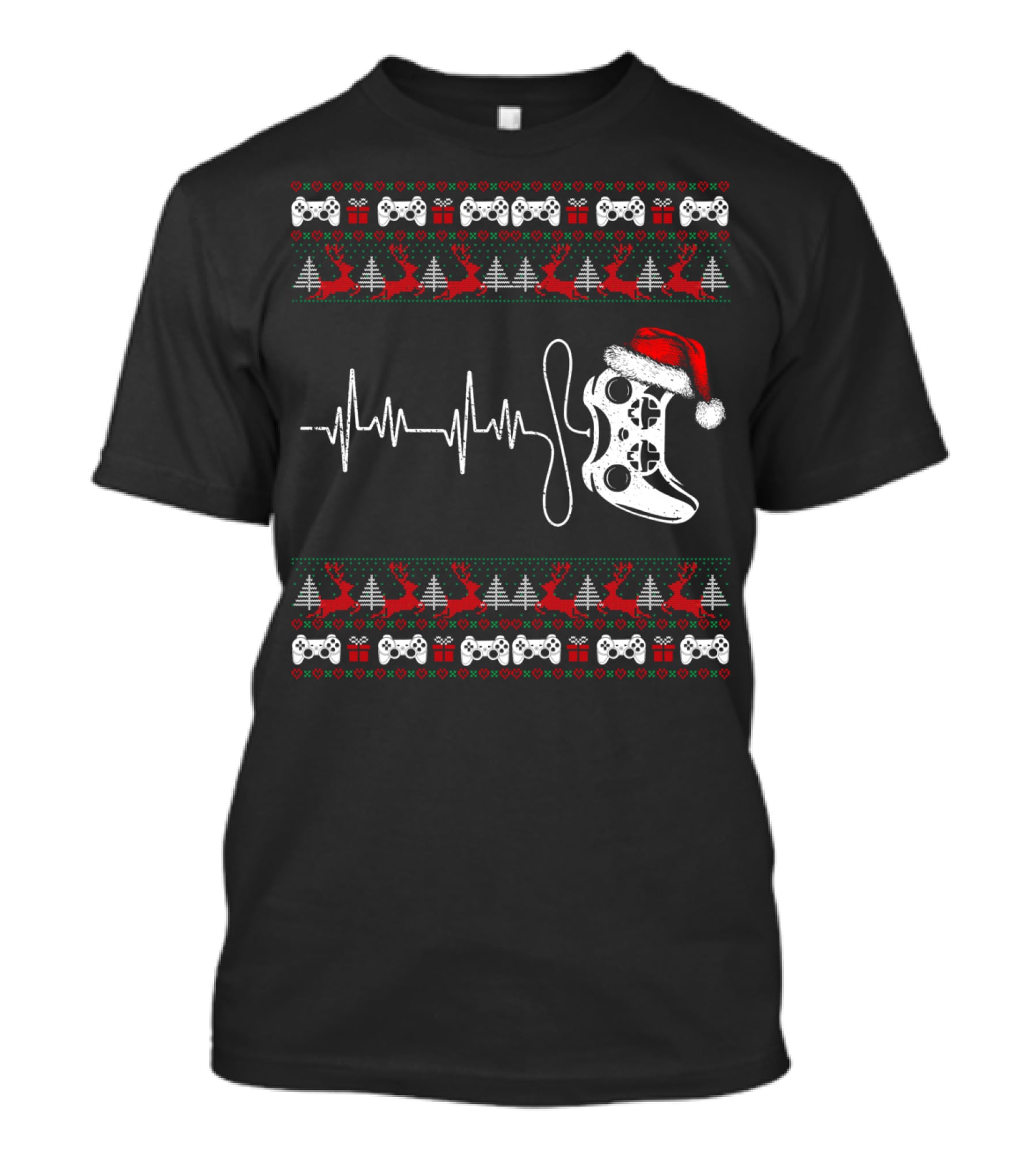 Gamer Heartbeat Christmas Controller Santa Hat Trees Reindeer T-Shirt