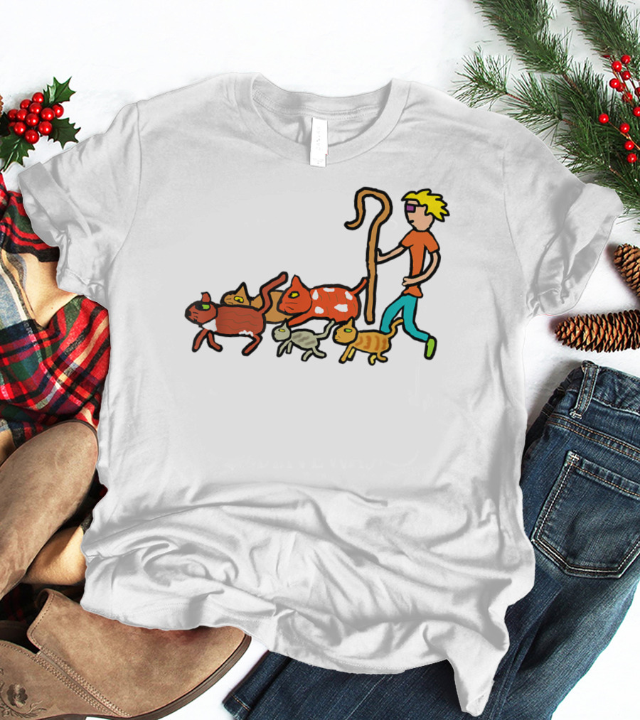 Herding Cats Cartoon Shepherd With Colorful Cats Scene T-Shirt