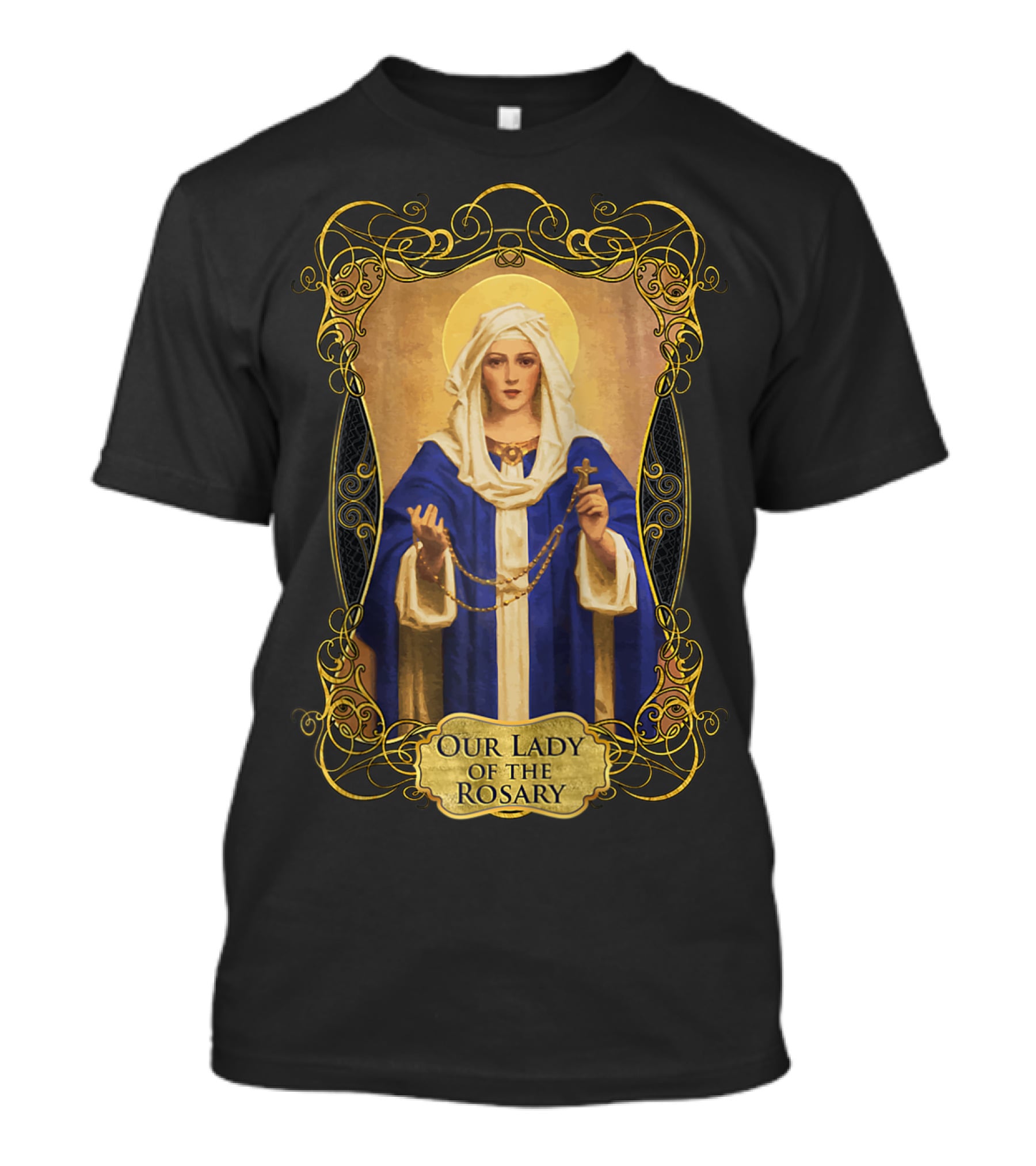 Our Lady Of The Rosary Catholic Prayer Blessed Virgin Mary Icon With Rosary Beads And Cross T-Shirt