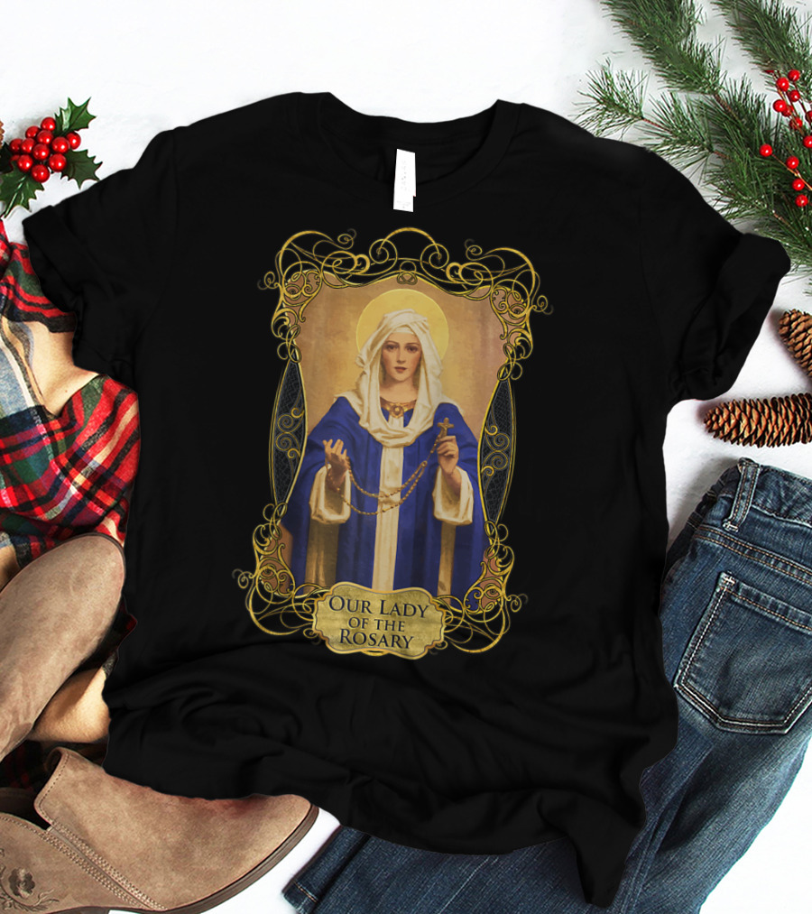 Our Lady Of The Rosary Catholic Prayer Blessed Virgin Mary Icon With Rosary Beads And Cross T-Shirt