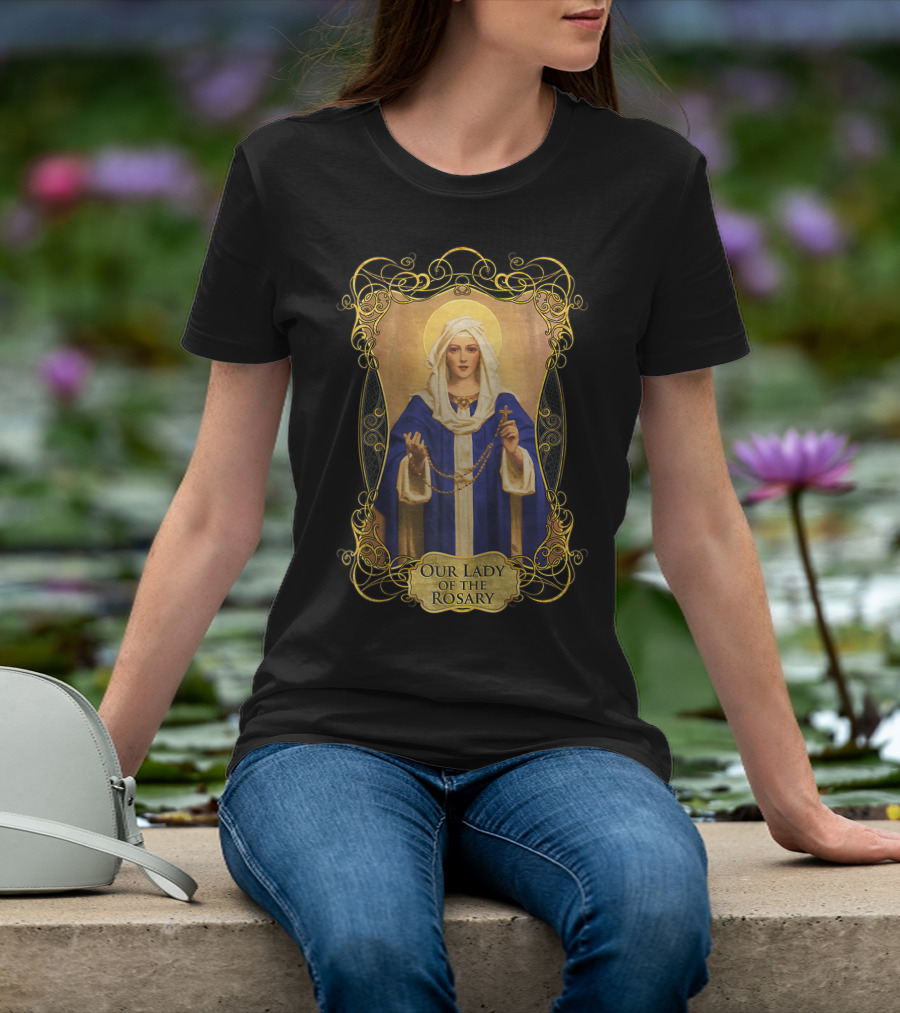 Our Lady Of The Rosary Catholic Prayer Blessed Virgin Mary Icon With Rosary Beads And Cross T-Shirt