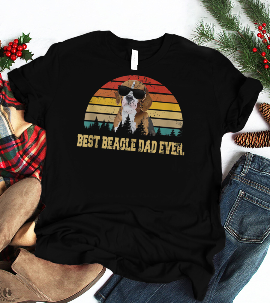 Best Beagle Dad Ever Retro Sunset Fathers Day T-Shirt
