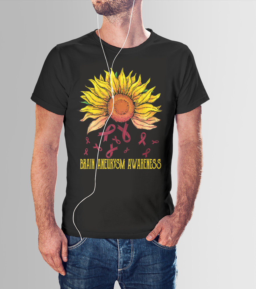 Brain Aneurysm Awareness Sunflower With Yellow Sunflower And Red Ribbons T-Shirt