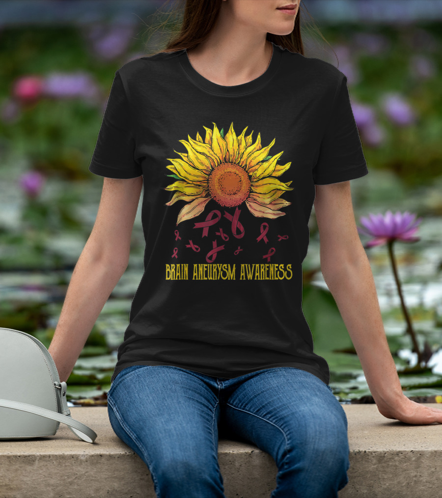 Brain Aneurysm Awareness Sunflower With Yellow Sunflower And Red Ribbons T-Shirt