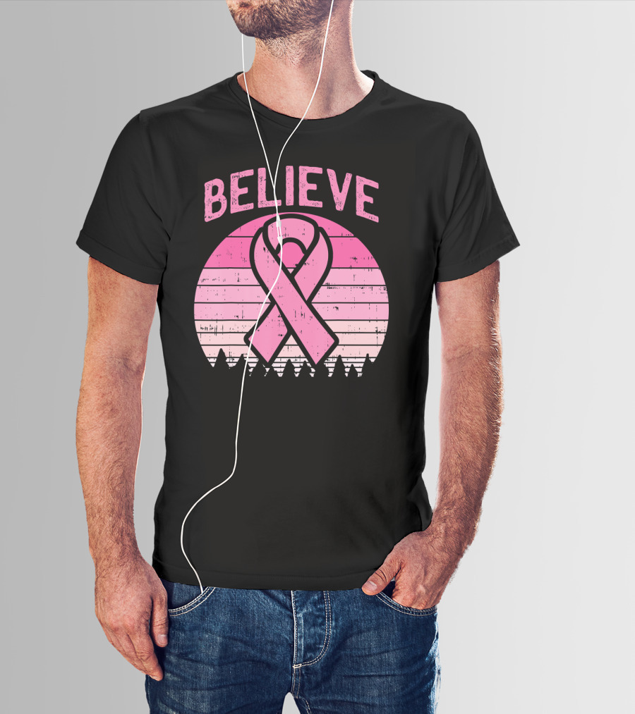 Believe Pink Ribbon Sunset Breast Cancer Awareness T-Shirt