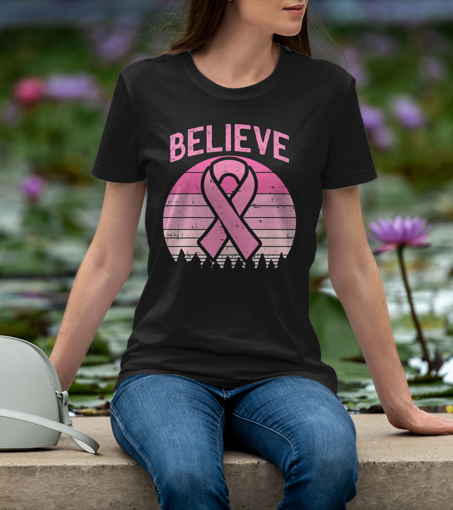 Believe Pink Ribbon Sunset Breast Cancer Awareness T-Shirt