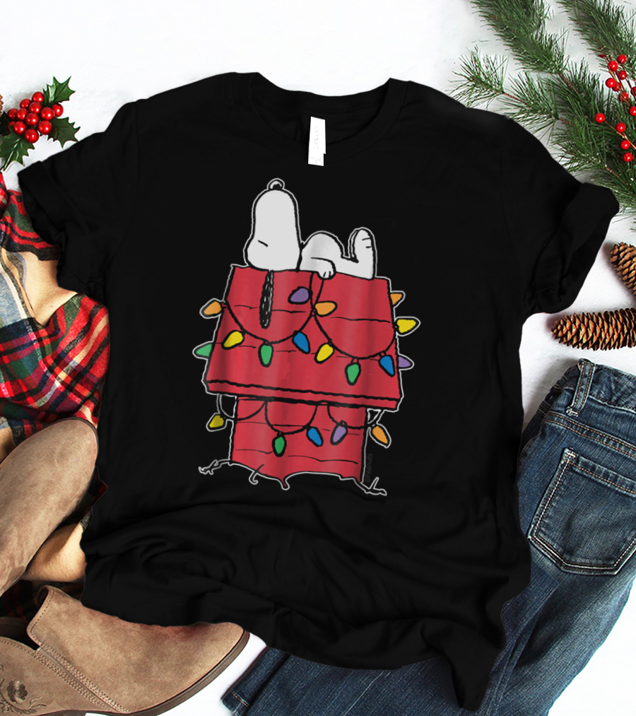 Snoopy Sleeping On Doghouse With Christmas Lights Peanuts Holiday Novelty T-Shirt