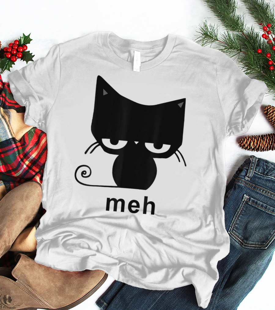 Meh Black Cat Funny For Cat Lovers Lazily Expressive Cat Enthusiast Humor T-Shirt