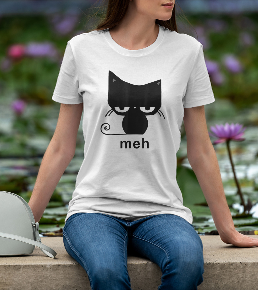 Meh Black Cat Funny For Cat Lovers Lazily Expressive Cat Enthusiast Humor T-Shirt