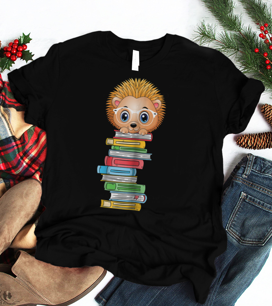 Hedgehog Book Lover With Glasses Hugging Colorful Book Stack T-Shirt