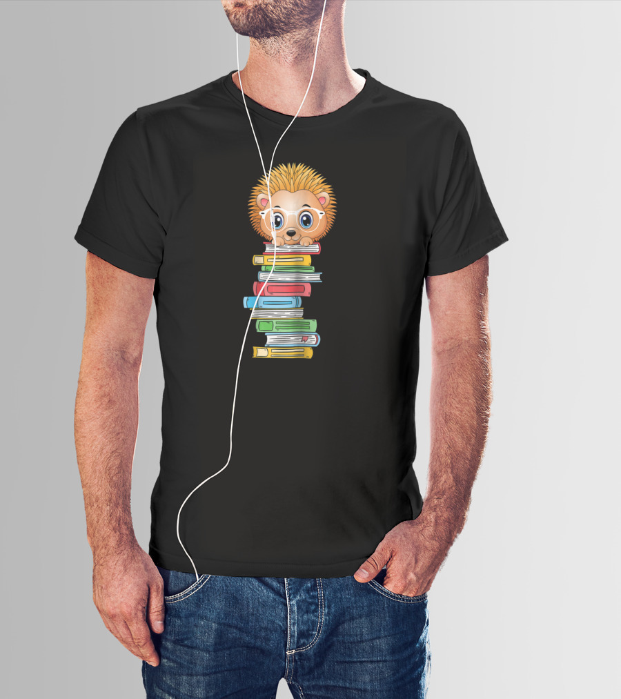 Hedgehog Book Lover With Glasses Hugging Colorful Book Stack T-Shirt