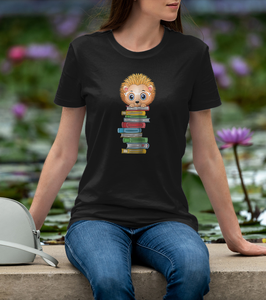 Hedgehog Book Lover With Glasses Hugging Colorful Book Stack T-Shirt