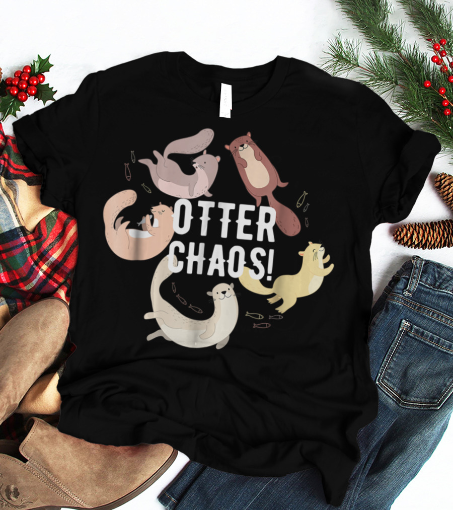 Otter Chaos Playful Otters Tumbling With Fish T-Shirt
