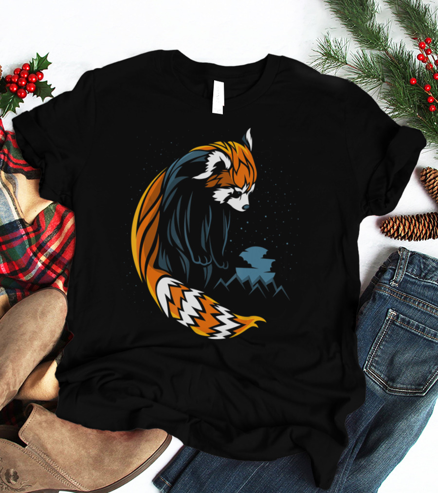 Red Panda Tattoo Style With Mountains And Night Sky T-Shirt