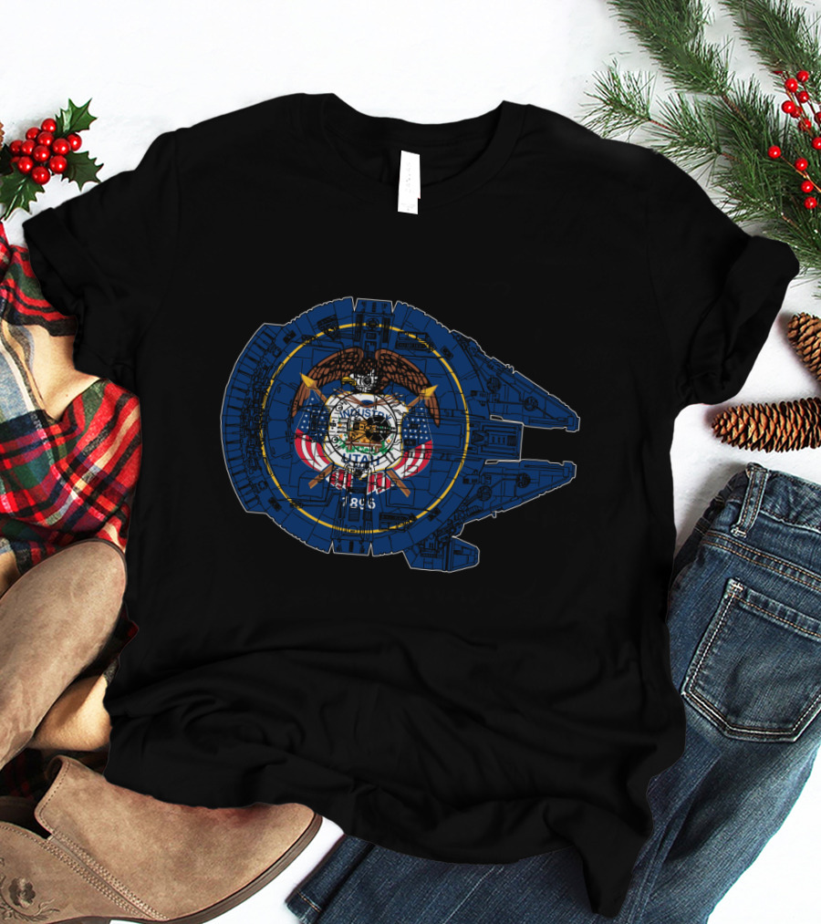 Utah State Flag And Millennium Falcon Blueprint Fusion T-Shirt