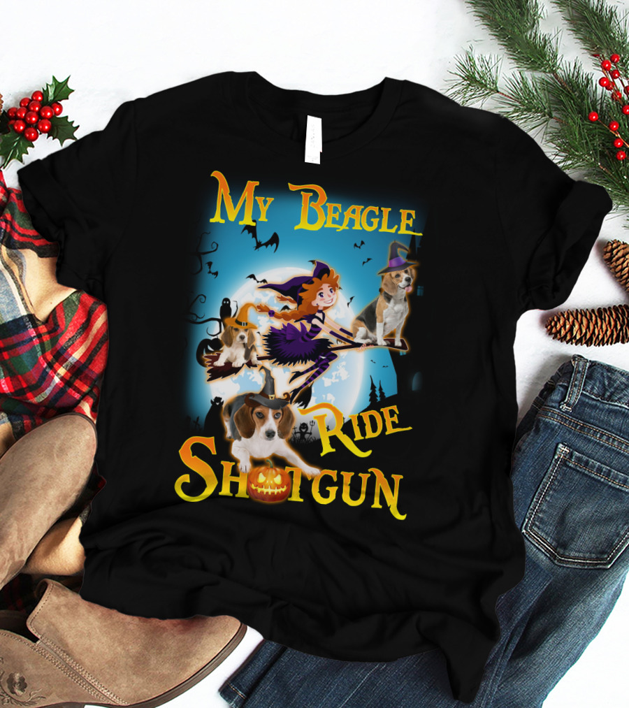 My Beagle Ride Shotgun Witch Halloween Beagle Bats Moon Jack O Lantern T-Shirt