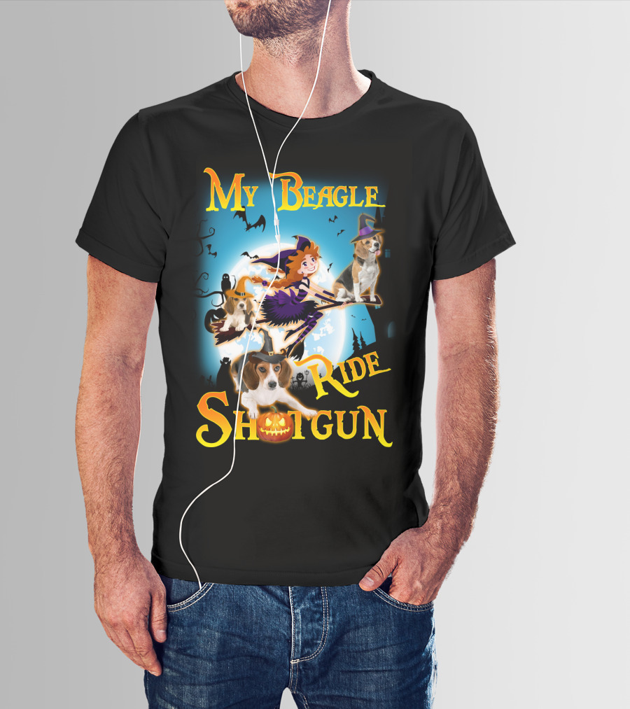 My Beagle Ride Shotgun Witch Halloween Beagle Bats Moon Jack O Lantern T-Shirt