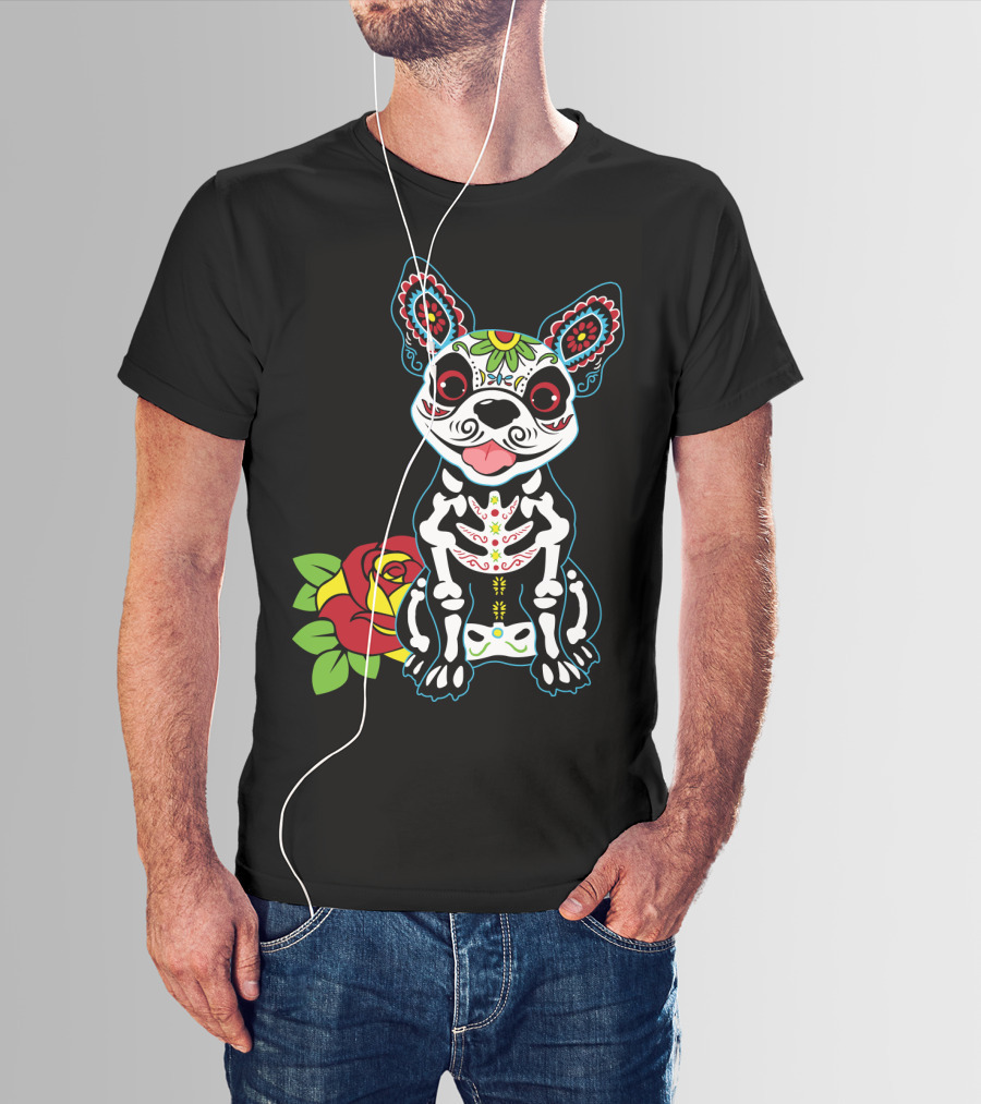 Boston Terrier Sugar Skull With Red Rose Day Of The Dead T-Shirt