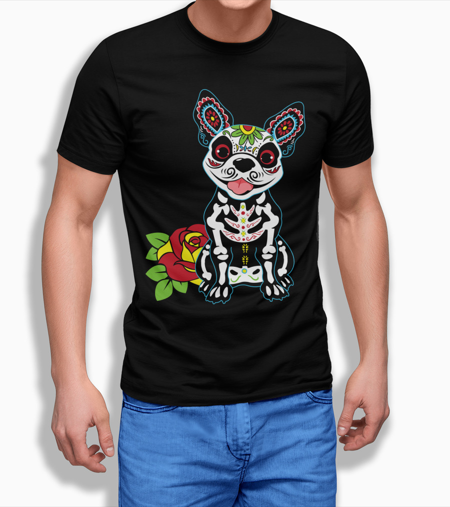 Boston Terrier Sugar Skull With Red Rose Day Of The Dead T-Shirt