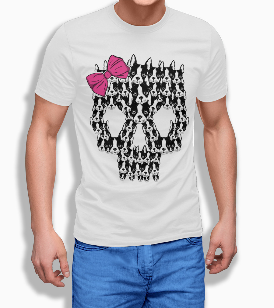 Boston Terrier Skull Pink Bow T-Shirt