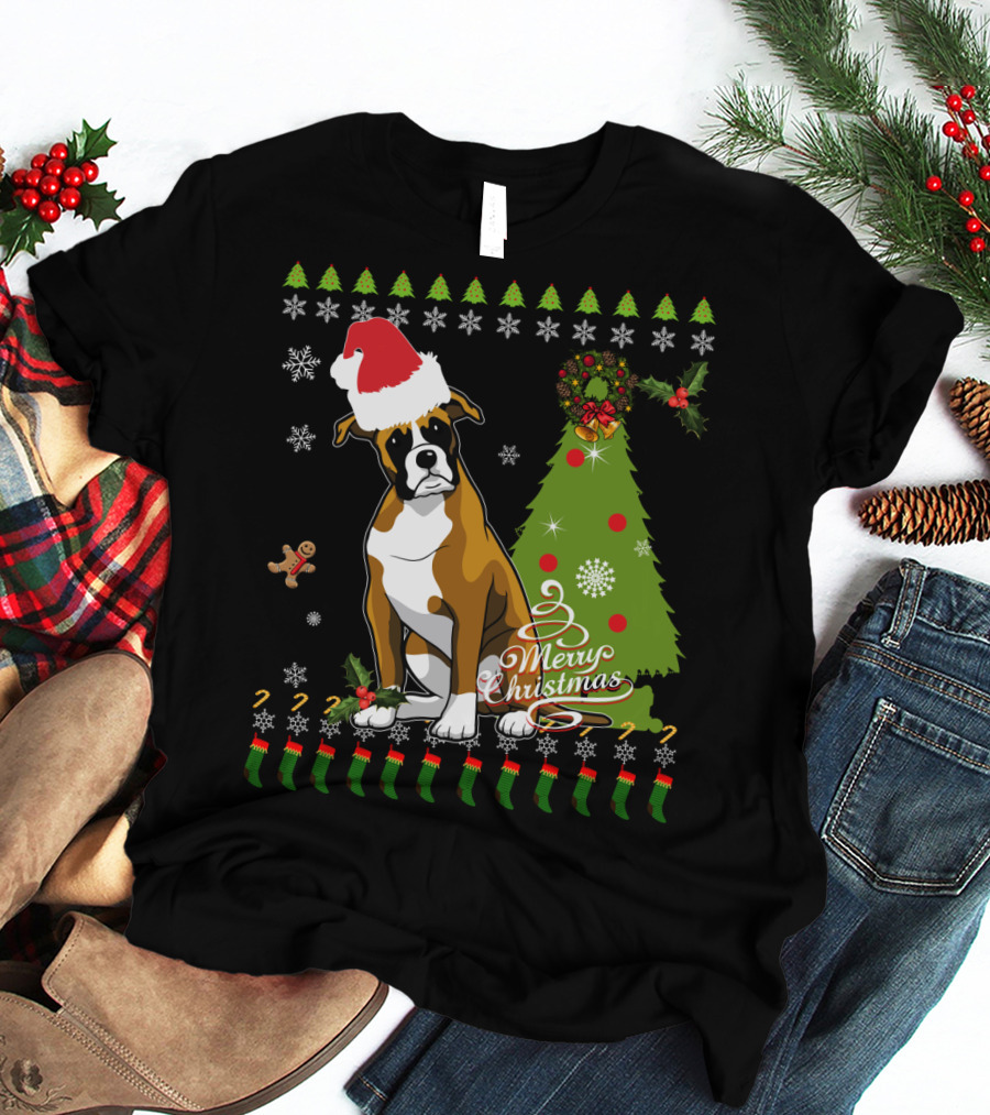 Merry Christmas Boxer Santa Hat Gingerbread Man Christmas Tree Snowflakes T-Shirt