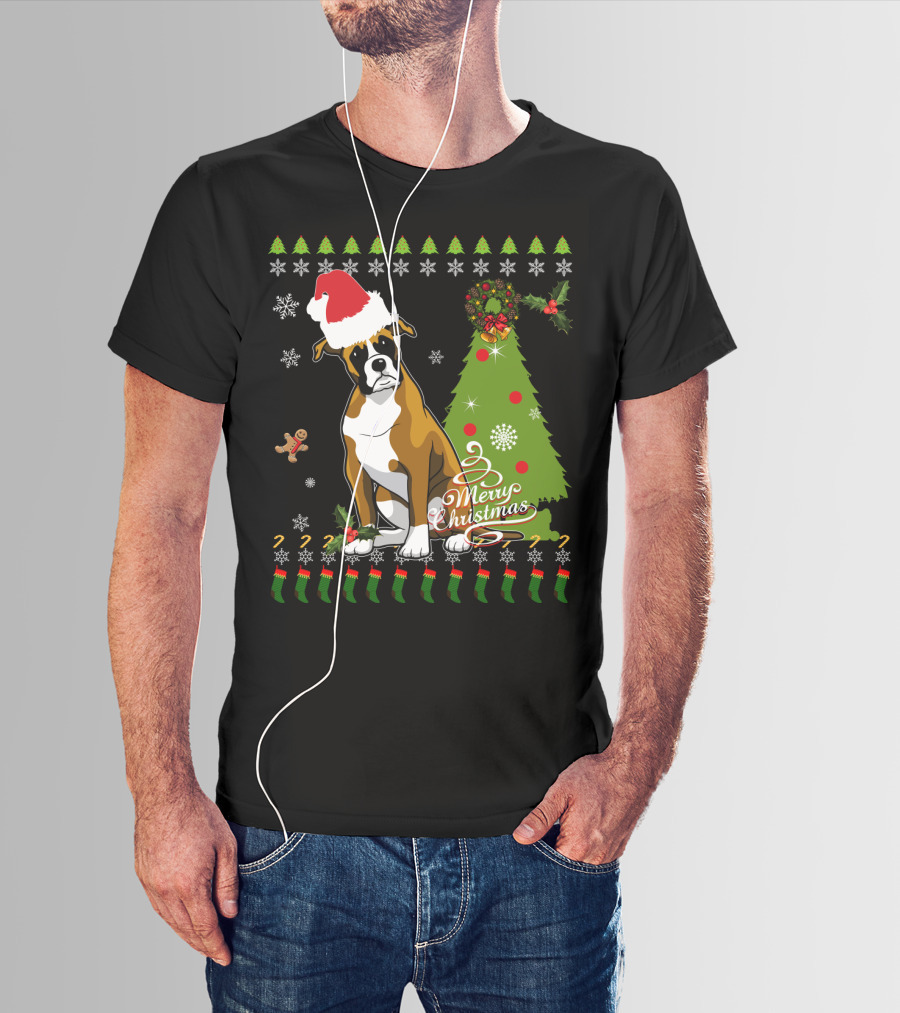 Merry Christmas Boxer Santa Hat Gingerbread Man Christmas Tree Snowflakes T-Shirt