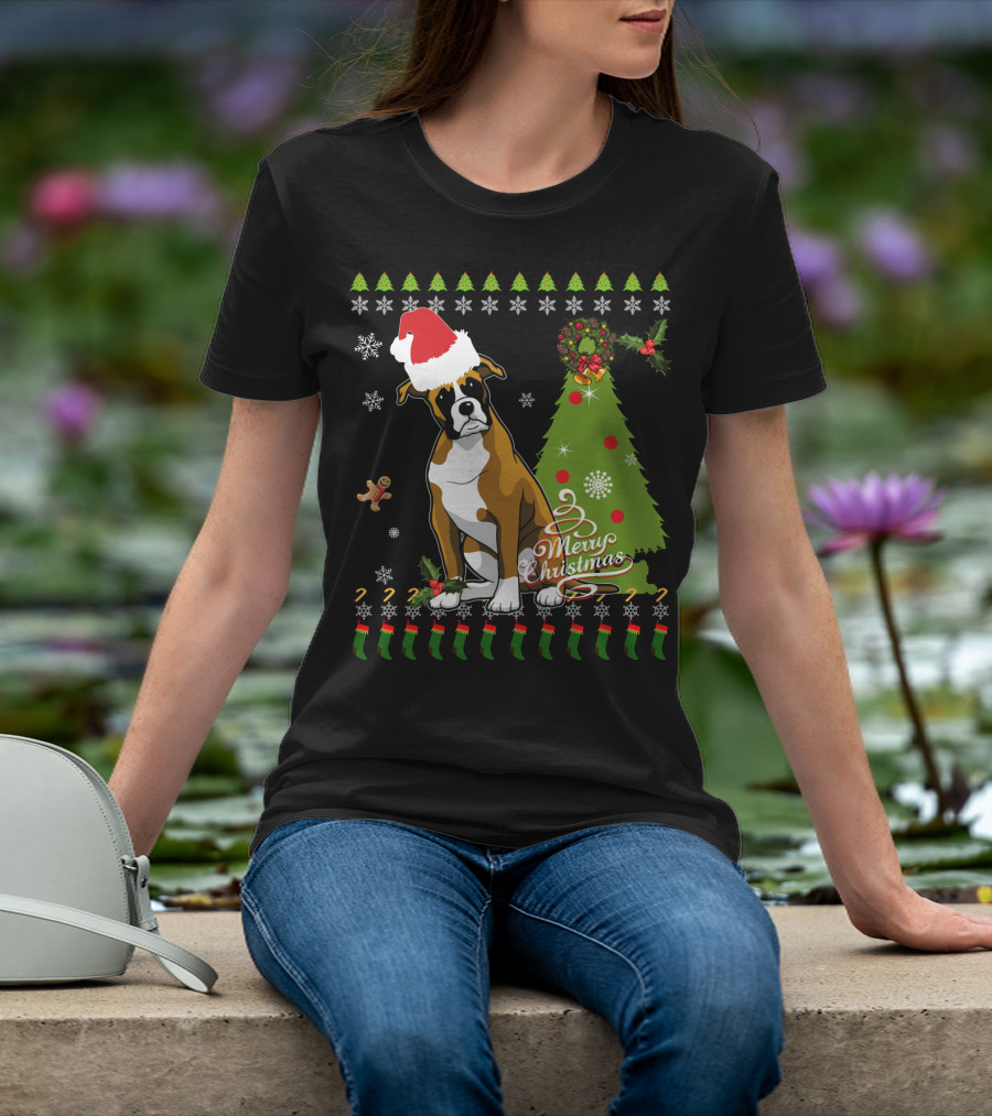 Merry Christmas Boxer Santa Hat Gingerbread Man Christmas Tree Snowflakes T-Shirt