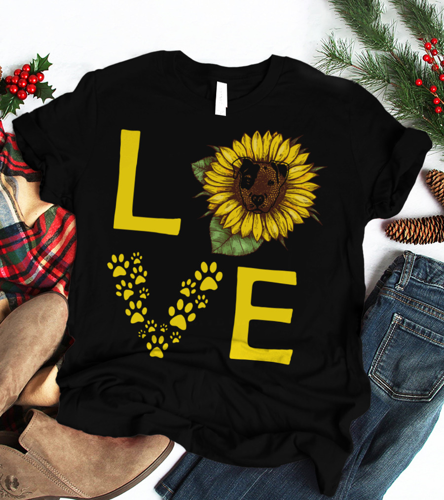 Love Bullterrier Sunflower Paw Prints T-Shirt