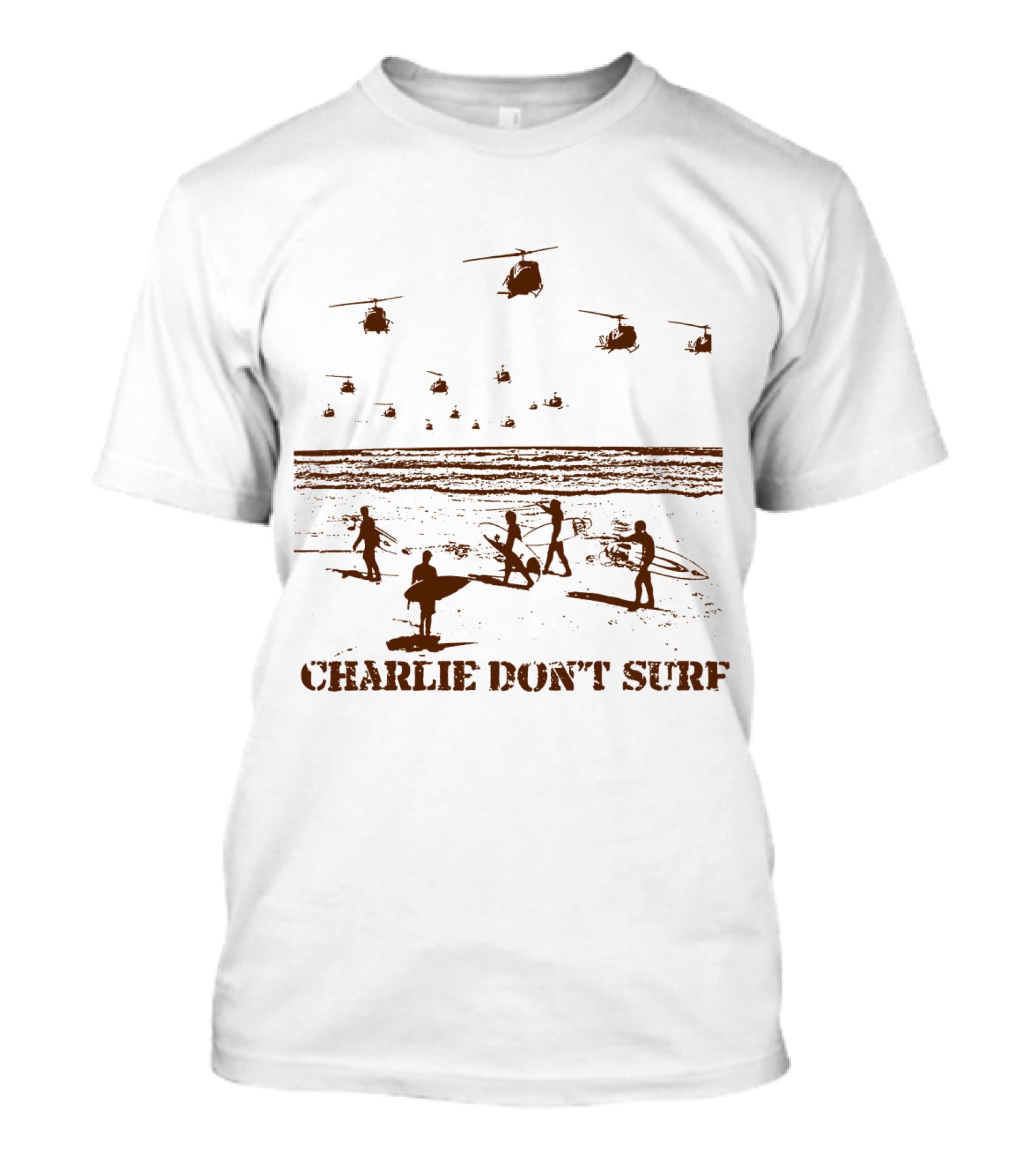 03 Apocalypse Now Charlie Don't Surf Helicopters And Surfers Gold T-Shirt