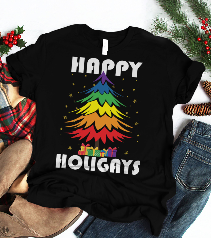 Happy Holigays Rainbow Christmas Tree And Presents T-Shirt