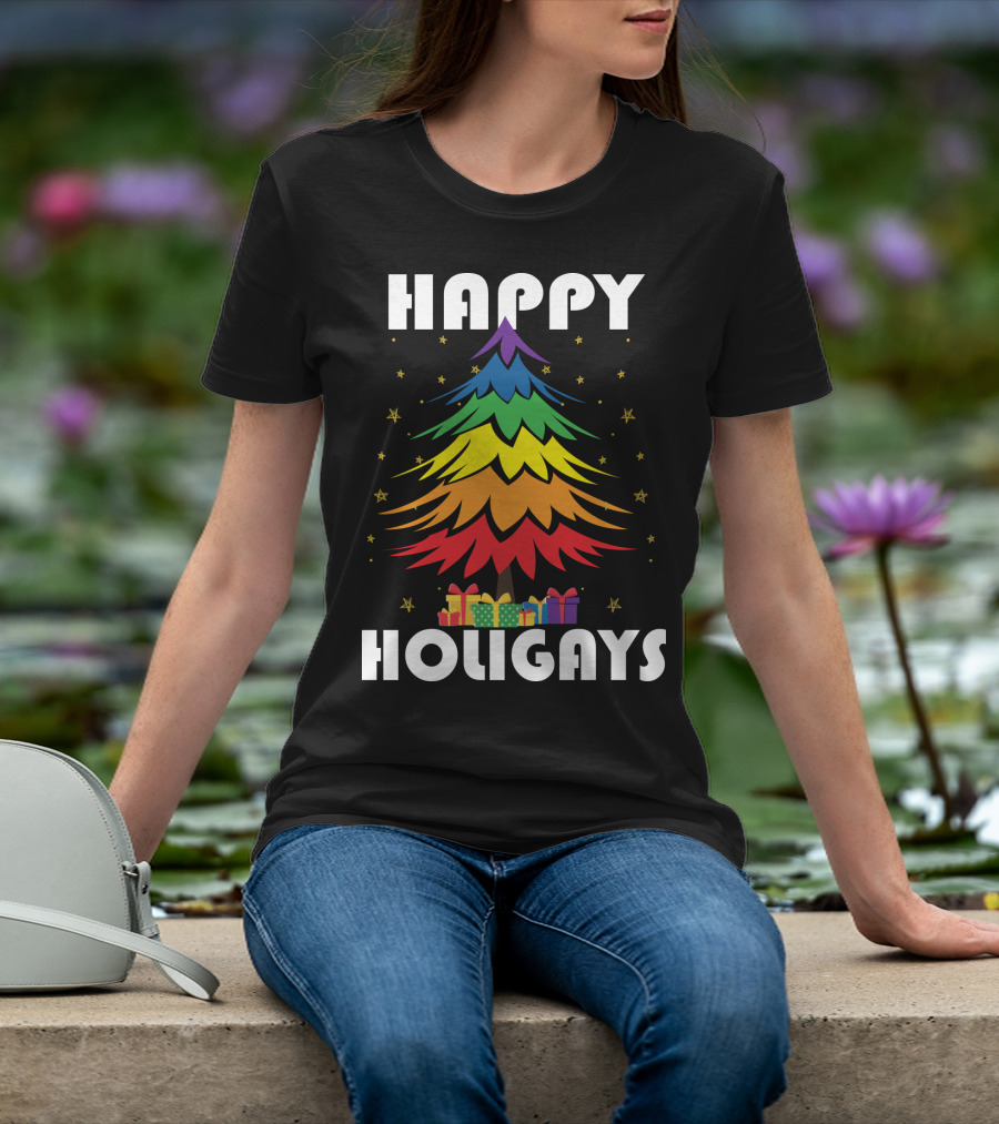 Happy Holigays Rainbow Christmas Tree And Presents T-Shirt