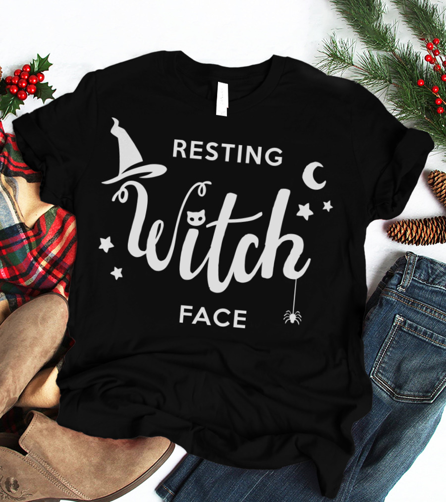 Resting Witch Face Hat Stars Moon Spider Cat T-Shirt