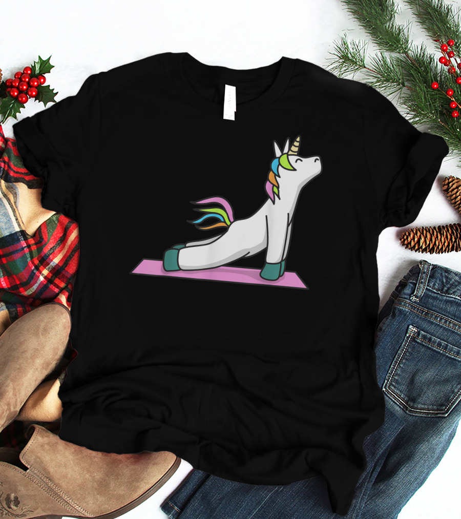 Cute Yoga Unicorn Meditation Fitness Pose With Rainbow Mane T-Shirt