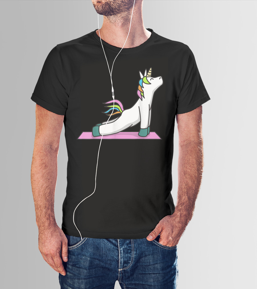 Cute Yoga Unicorn Meditation Fitness Pose With Rainbow Mane T-Shirt
