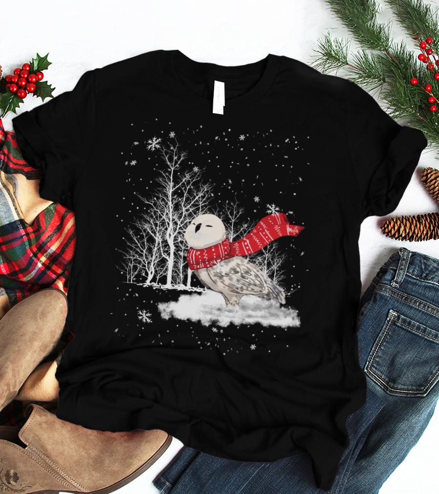 Snowy Owl Red Scarf Winter Scene T-Shirt